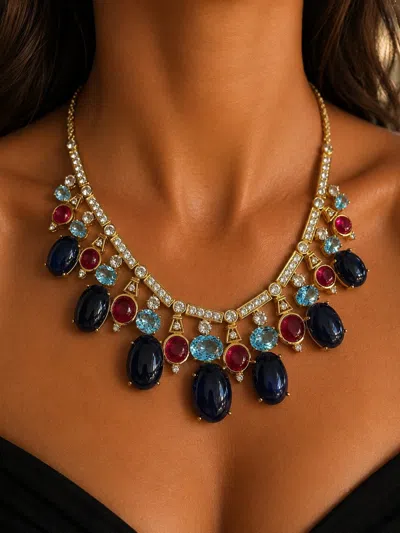 Pre-owned Bochic “capri” Vintage Sapphire, Ruby & Topaz Drop Necklace - 18k Gold In Multi