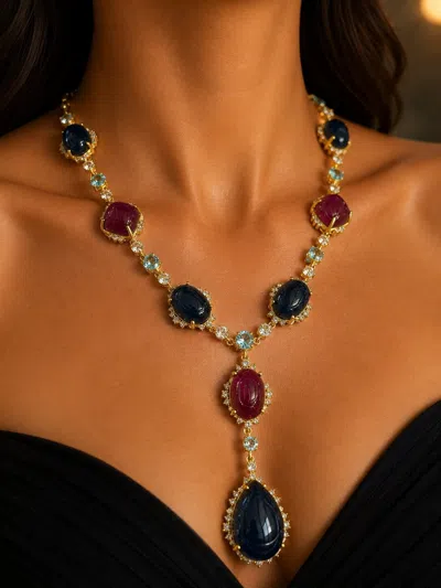 Pre-owned Bochic “capri” Vintage Sapphire, Ruby & White Topaz Drop Necklace Set In 18k Gol