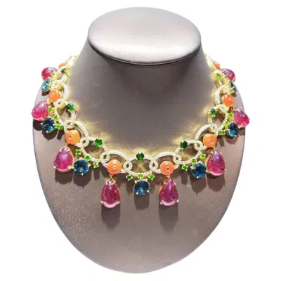 Pre-owned Bochic “capri” Vintage Sapphire, Ruby, Topaz & Opal Drop Necklace 18k & Silver In Multi
