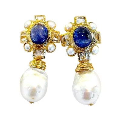 Pre-owned Bochic “capri” Vintage Sapphire, Topaz & Pearl Earrings Set In 18k Gold &silver In Multi