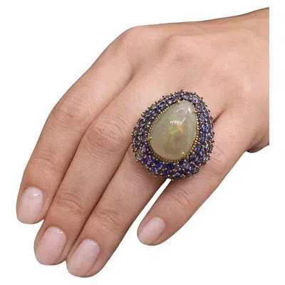 Pre-owned Bochic “capri” Vintage Tanzanite, Opal & Diamond Cocktail Ring — 18k Gold & Silv In Multi