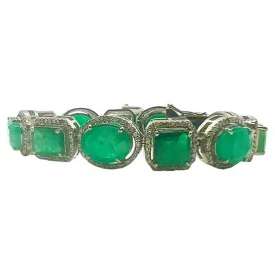 Pre-owned Bochic “capri” Vintage Zambian Emerald & Diamond Bracelet Set 18k Gold & Silver In Green