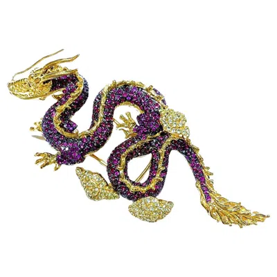 Pre-owned Bochic Dragon “orient” Ruby & White Zircon Brooch In 18k Gold & Silver