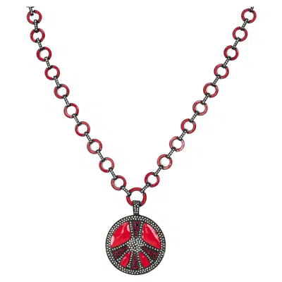 Pre-owned Bochic Ikon Bijoux Collection Red Hot Enamel Retro Necklace With White Topaz