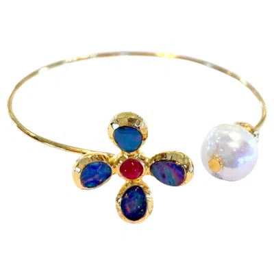 Pre-owned Bochic “jungle” Vintage Ruby & Opal And South Sea Pearl Bangle 18k Gold & Silver In Multi