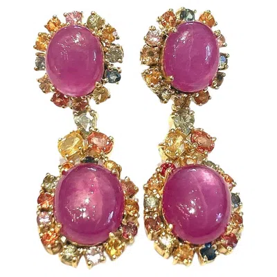 Pre-owned Bochic Orient 22ct Natural Ruby & Sapphire Drop Earrings In 18k Gold & Silver In Blue