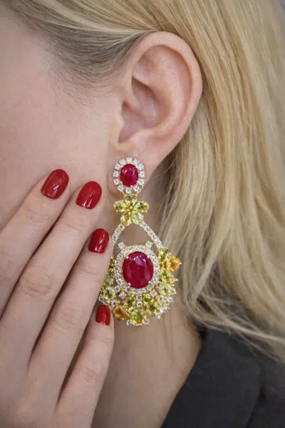 Pre-owned Bochic Orient 7ct Ruby, 4ct Peridot & 3ct Citrin Earrings In 18k Gold In Multi