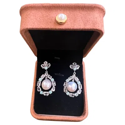 Pre-owned Bochic “orient” Blue & White Topaz White Pearls Earrings Set 18k Gold & Silver