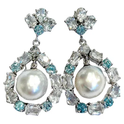 Pre-owned Bochic “orient” Blue & White Topaz White Pearls Earrings Set 18k Gold & Silver