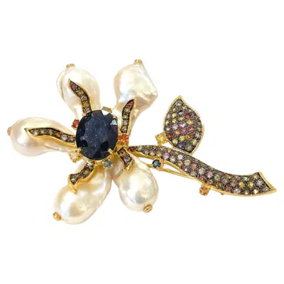 Pre-owned Bochic "orient" Blue Sapphire & Multi Fancy Sapphires Brooch 18k Gold & Silver