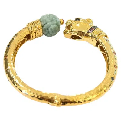 Pre-owned Bochic “orient” Carved Vintage Mint Jade Bangle Set In 18k Gold & Silver In Green