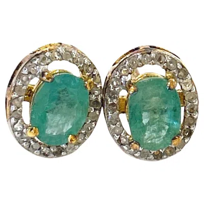 Pre-owned Bochic “orient” Diamond & Emerald Stud Earrings Set In 18k Gold & Silver In Green