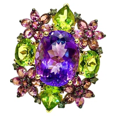 Pre-owned Bochic “orient” Diamond, Peridot, Amethyst & Tourmaline Ring Set 18k & Silver In Purple