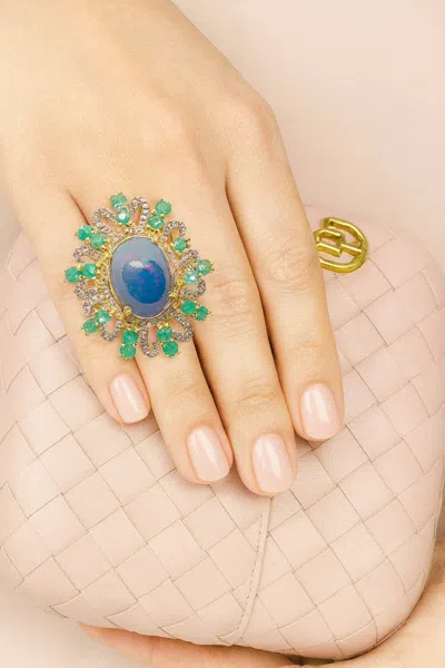 Pre-owned Bochic “orient” Diamond, Sapphire & Emerald Ring Set In 18k Gold & Silver In Green