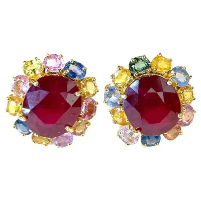 Pre-owned Bochic “orient” Fancy Sapphire & Ruby Earrings Set 18k Gold&silver In Blue