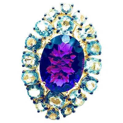 Pre-owned Bochic “orient” Natural Amethyst & Aquamarine Ring Set In 18k Gold & Silver In Purple