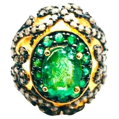 Pre-owned Bochic “orient” Natural Emerald & Natural Diamond Ring Set In 18k Gold &silver In Green