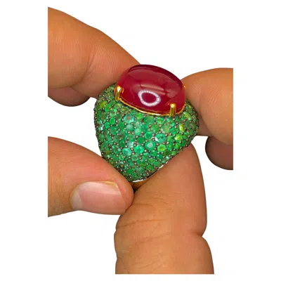Pre-owned Bochic “orient” Natural Emerald & Ruby Cocktail Ring Set In 18k Gold & Silver In Green