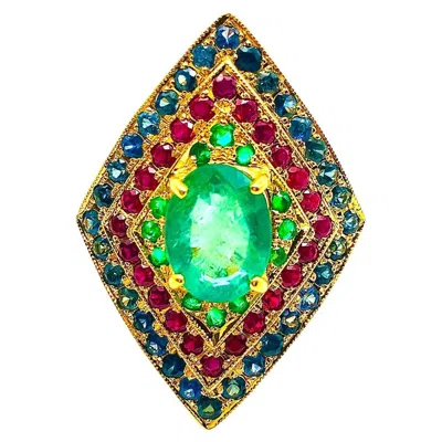 Pre-owned Bochic “orient” Natural Emerald, Ruby & Sapphire Ring Set In 18k Gold &silver In Blue