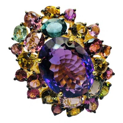 Pre-owned Bochic “orient” Natural Multi Tourmaline & Amethyst Ring Set 18k Gold & Silver In Purple