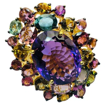 Pre-owned Bochic “orient” Natural Multi Tourmaline & Amethyst Ring Set 18k Gold & Silver In Purple