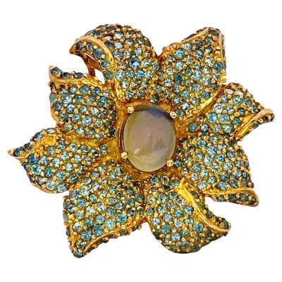 Pre-owned Bochic “orient” Natural Opal & Blue Topaz Cocktail Ring Set 18k Gold&silver