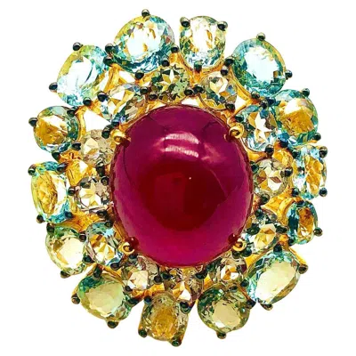Pre-owned Bochic “orient” Natural Ruby & Aquamarine Ring Set In 18k Gold & Silver In Multi