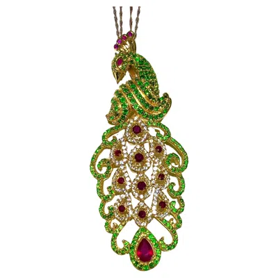 Pre-owned Bochic “orient” Natural Ruby & Peridot Peacock Brooch/pendant Set 18k & Silver In Multi