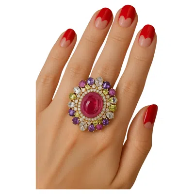 Pre-owned Bochic “orient” Natural Ruby, Peridot & Amethyst Ring Set In 18 K Gold & Silver In Purple