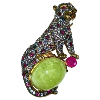 Pre-owned Bochic “orient” Natural Ruby, Sapphire & Green Jade Brooch Or Pendent Set In 18k