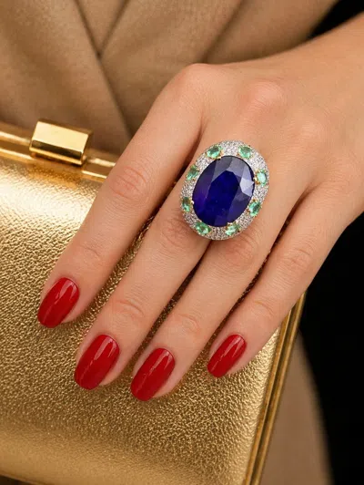 Pre-owned Bochic “orient” Natural Sapphire & Emerald Ring Set In 18k Gold & Silver In Green
