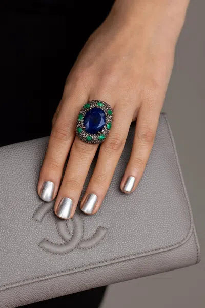 Pre-owned Bochic “orient” Natural Sapphire & Emerald Ring Set In 18k Gold & Silver In Green