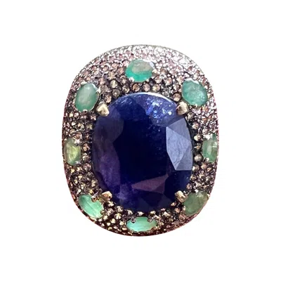 Pre-owned Bochic “orient” Natural Sapphire & Emerald Ring Set In 18k Gold & Silver In Green