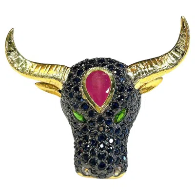 Pre-owned Bochic “orient” Neoclassical Bull, Ruby & Sapphire Ring Set 18k Gold & Silver In Blue