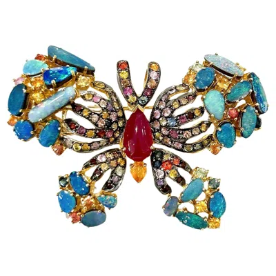Pre-owned Bochic “orient” Opal, Multi Sapphires & Ruby Brooch Set In 18k Gold & Silver