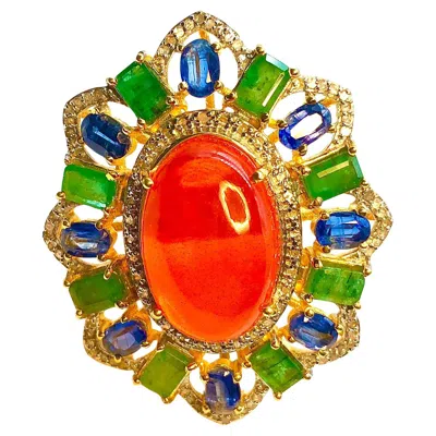 Pre-owned Bochic “orient” Orange Opal, Emerald, & Diamond Ring Set In 18k Gold & Silver