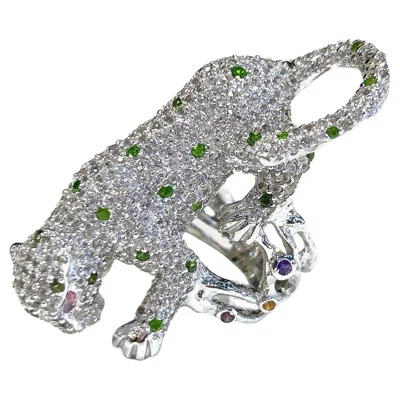 Pre-owned Bochic “orient” Panthere Emerald & Sapphire Ring Set In 18k White Gold & Silver