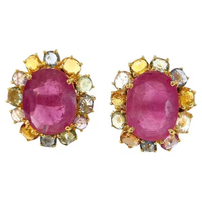 Pre-owned Bochic “orient” Pastel Sapphires & Red Rubies Earrings Set In 18k Gold & Silver