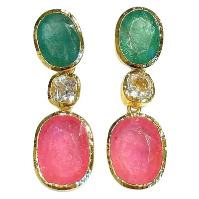 Pre-owned Bochic “orient” Pink Ruby & Emerald Earrings Set In 18k Yellow Gold & Silver