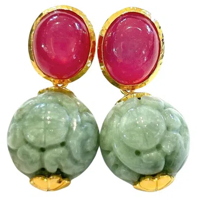 Pre-owned Bochic “orient” Red Ruby & Carved Vintage Mint Jade Earrings 18k Gold & Silver