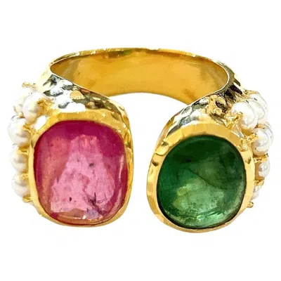 Pre-owned Bochic “orient” Red Ruby & Green Tourmaline Ring Set 18k Yellow Gold & Silver