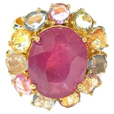 Pre-owned Bochic “orient” Red Ruby & Multi Color Sapphire Cocktail Ring, 18k Gold & Silver