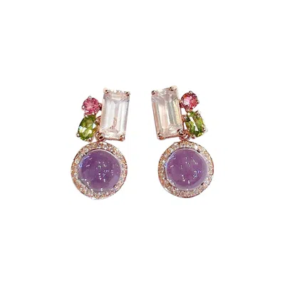 Pre-owned Bochic “orient” Retro Rose Quartz & Amethyst Earrings Set In 18k Gold & Silver In Red