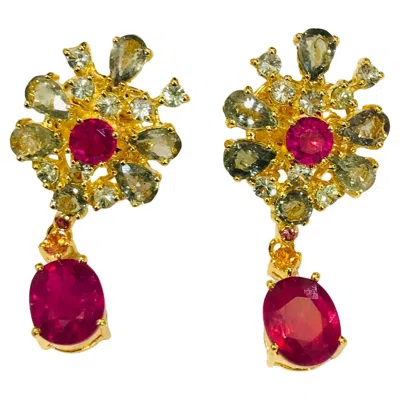 Pre-owned Bochic “orient” Ruby & Green & Yellow Sapphire Earrings Set 18k Gold & Silver