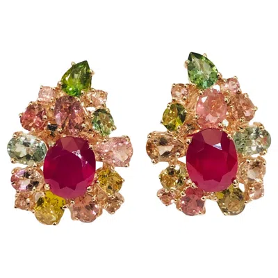 Pre-owned Bochic “orient” Ruby & Multi Color Tourmalines Earrings Set 18k Gold & Silver