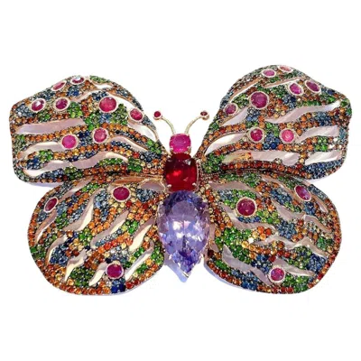 Pre-owned Bochic "orient" Ruby & Multi Fancy Sapphires Brooch In 18k Gold & Silver