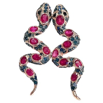 Pre-owned Bochic “orient” Ruby & Multi Sapphire Serpent Earrings Set In 18k Gold & Silver In Blue
