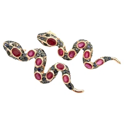 Pre-owned Bochic “orient” Ruby & Multi Sapphire Serpent Earrings Set In 18k Gold & Silver In Blue