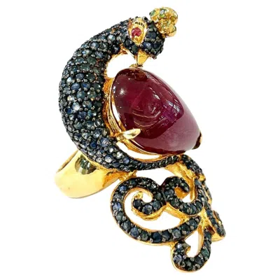 Pre-owned Bochic “orient” Ruby & Sapphire Swan Cocktail Ring Set 18k & Silver In Blue