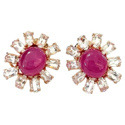 Pre-owned Bochic “orient” Ruby & White Topaz Stud Clip Earrings Set 18k Gold & Silver